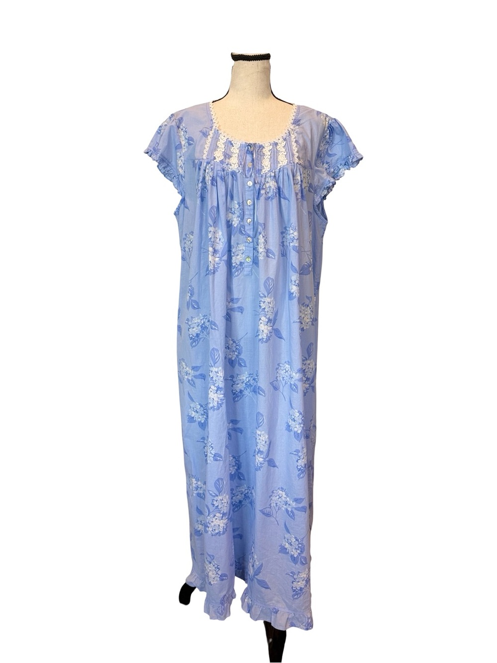 Eileen West Blue Floral Cotton Nightgown Lace Trim Maxi Sleep Dress L